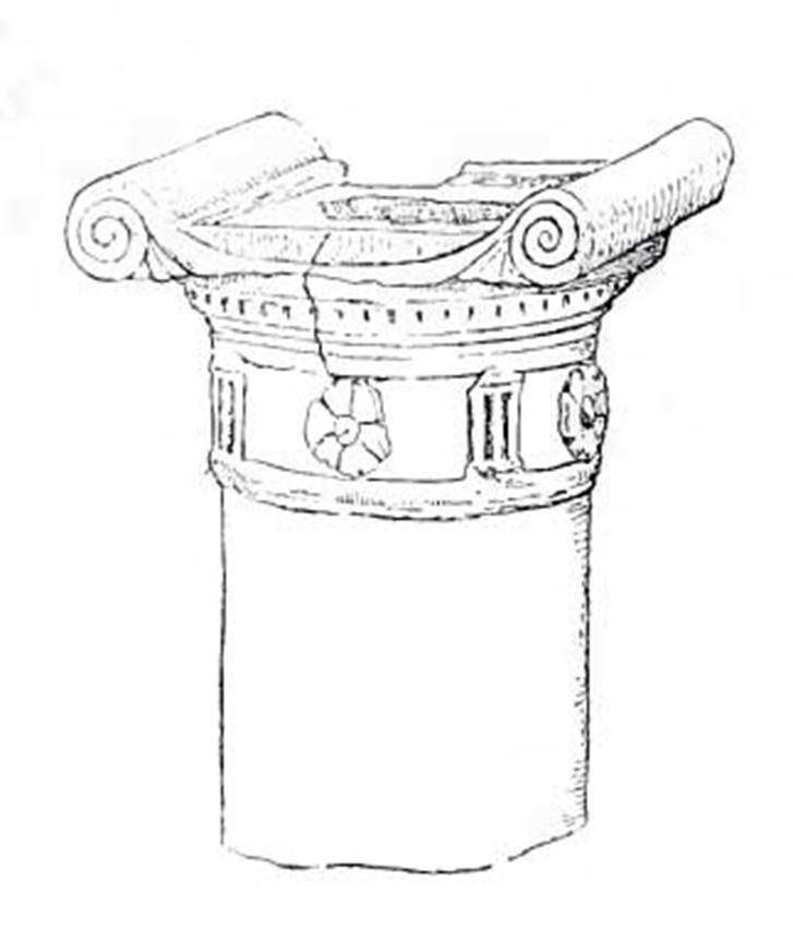 IX.9.11 Pompeii. Room 6, garden area, south west corner, under the lararium painting. Drawing of small cylindrical terracotta altar, the top of which showed signs of burning. See Bullettino dell�Instituto di Corrispondenza Archeologica (DAIR), 1890, p. 251.