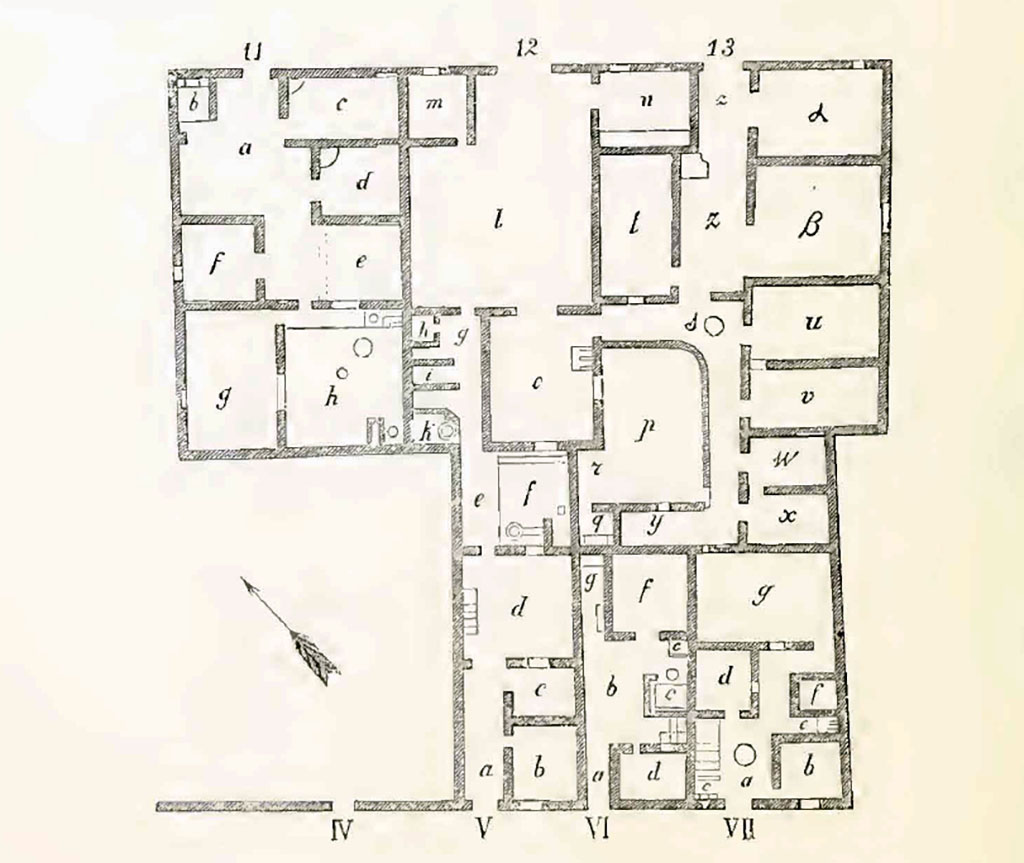 IX.9.11, 12 and 13 Pompeii. Plan of insula IX.9, as seen in Notizie degli Scavi, 1891. 
The lower numbers on the plan can be identified (on our website) as �
IV  = IX.9.d
V   = IX.9.e
VI  = IX.9.f
VII = IX.9.g
See Notizie degli Scavi di Antichit�, 1891 (p.254).

