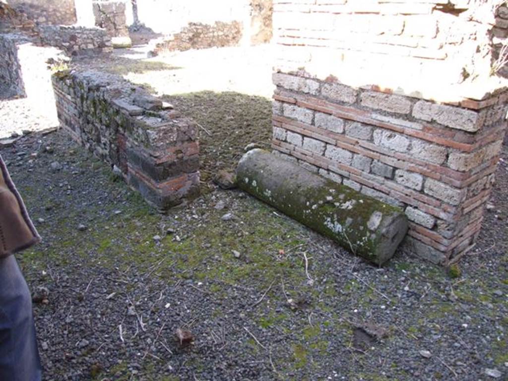 IX.9.a Pompeii. March 2009. South-west corner of garden area. Remains of the low wall around the garden, and single tufa column. The masonry pillar supported the roof of the covered wide west portico.