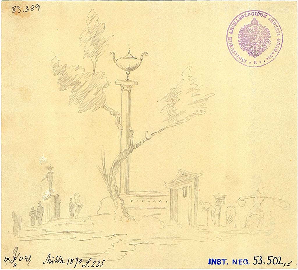 IX.9.d Pompeii. Room k. West wall. Drawing of sacred landscape painting with a sacred portal and a tree entwined round a column with an urn at its top. 
On the right is a group of travellers including a woman with a basket and a man carrying a balanced load. 
On the left is a group of offerants around a statue.
DAIR 83.389. Photo � Deutsches Arch�ologisches Institut, Abteilung Rom, Arkiv. 
See Schefold, K., 1957. Die W�nde Pompejis. Berlin: De Gruyter, p. 283. 
See Carratelli, G. P., 1990-2003. Pompei: Pitture e Mosaici: Vol. X. Roma: Istituto della enciclopedia italiana, p. 83 no. 27.
