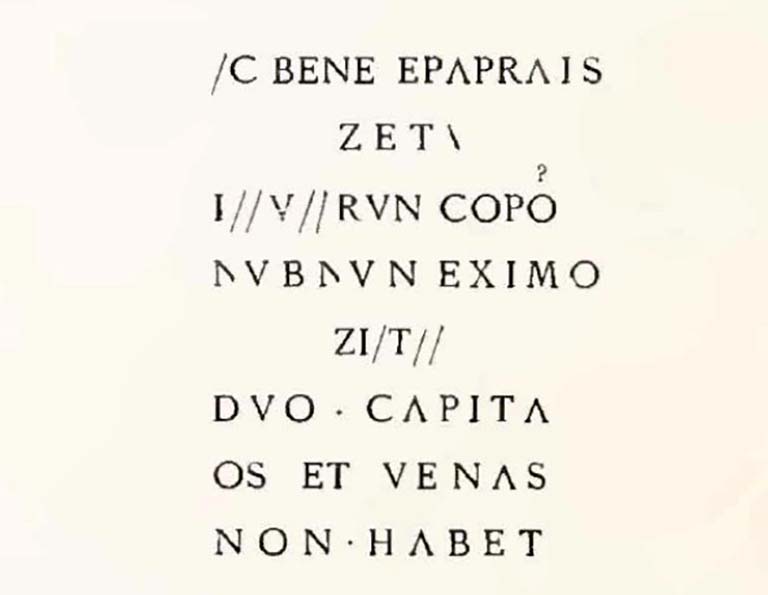 IX.10.2 Pompeii. South door-jamb of the entrance to the third cubiculum on the east side of the atrium, graffito over green (?) plaster was discovered -

According to Epigraphik-Datenbank Clauss/Slaby (See www.manfredclauss.de) this read

C(aius) Bene() Epaprais / Zetu / I[3]u[3]run copo / Nubiun eximo / Zit / duo capita / os et venas / non habet   [CIL IV 5341]


