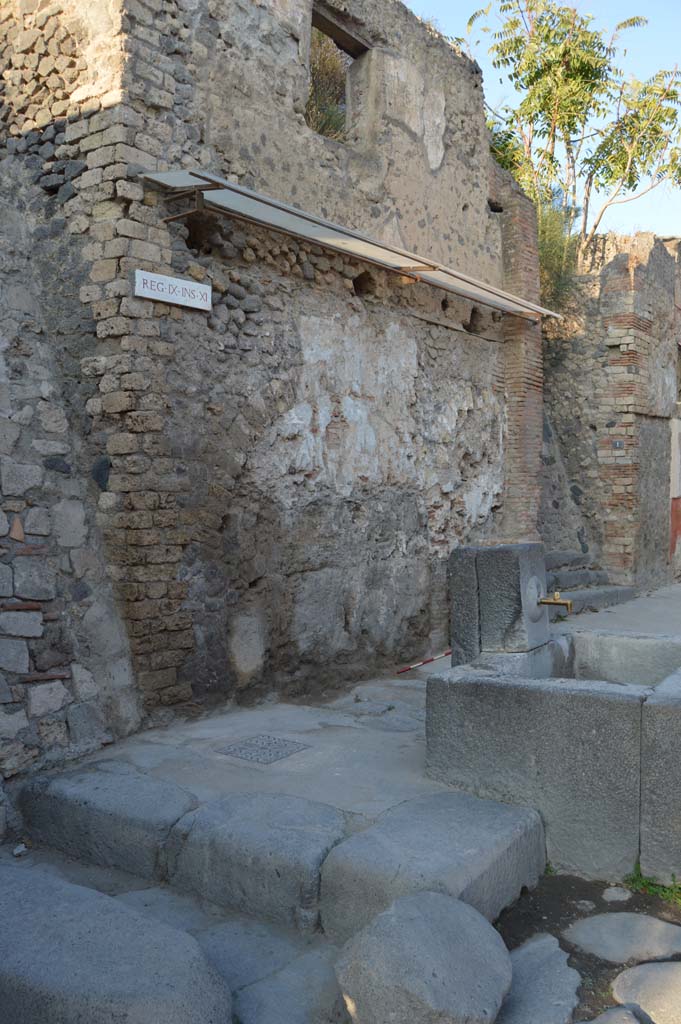 IX.11.1 Pompeii. October 2017. 
Looking north-east towards front fa�ade of house on west side of entrance doorway, with steps.
House with street shrine and fountain outside.
Foto Taylor Lauritsen, ERC Grant 681269 D�COR.
