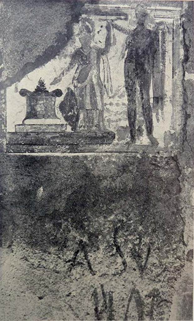 IX.11.7 Pompeii. 
1915 excavation photograph of middle and oldest phase of painting from east (right) pilaster.
Minerva, on the left, and Hercules, on the right.
According to NdS, 
IX.XI.7. Also here, the cold/frost/wet has made the whitewash layer fall in small flakes and the painting of Hercules (see NdS, 1912, p. 63) that was on the right doorpost of the indicated entrance doorway, has brought back to light a more ancient sacred painting.
In a yellow frame threaded with red, and with green garlands hung on top and falling to the sides, we see standing Minerva, the lance in the left hand held up high, helmet on head, shield resting on the right leg, the right hand lowered, in the act of pouring something from a blue jug above the altar that was on her right.  The goddess wears a tunic with alternating green and yellow bands and a mantle whose flap falls from the left elbow: she has bare arms, yellow as are the helmet and shield. Burning on the altar was a vivid red flame. 
See Notizie degli Scavi, 11th February 1915, p.284-285
