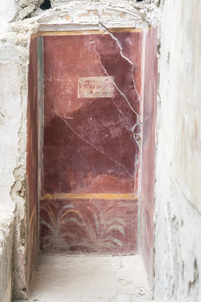 IX.12.6 Pompeii. July 2024. Room “n2”, in south-west corner of room “n1”. 
Looking south to wall with painted plants.  Photo courtesy of Johannes Eber.
