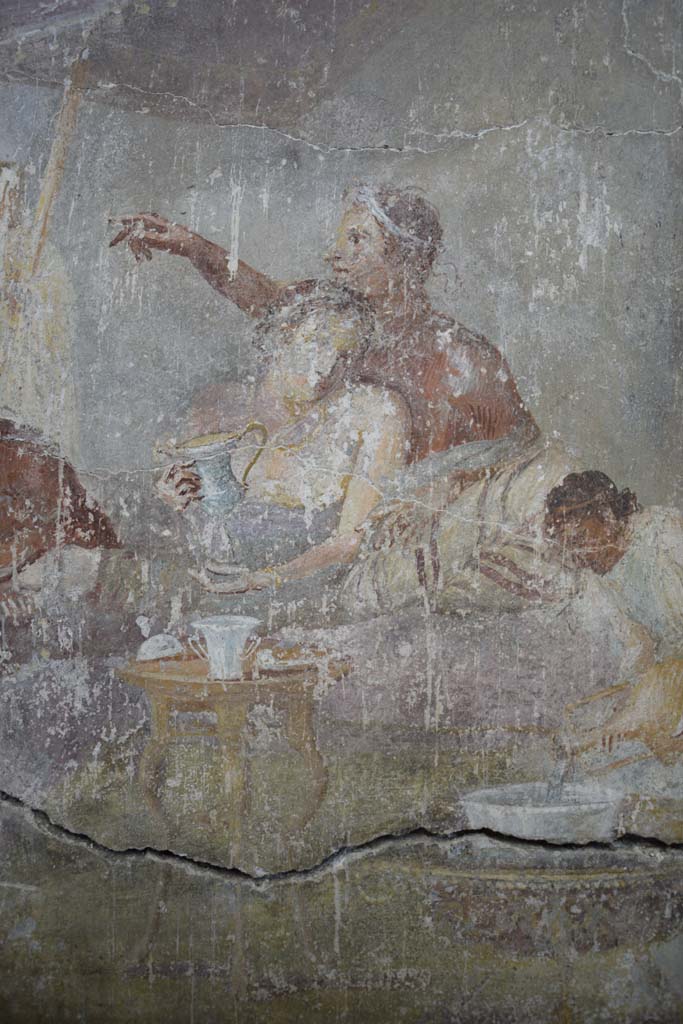 IX.12.6 Pompeii. February 2017.
Room “m”, detail of figures in banqueting scene on north wall. Photo courtesy of Johannes Eber.