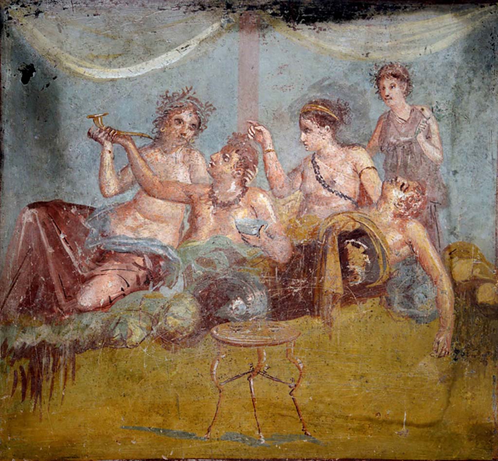 IX.12.6 Pompeii. February 2017.
Room “m”, painting of banqueting scene in centre of east wall of triclinium. Photo courtesy of Johannes Eber.