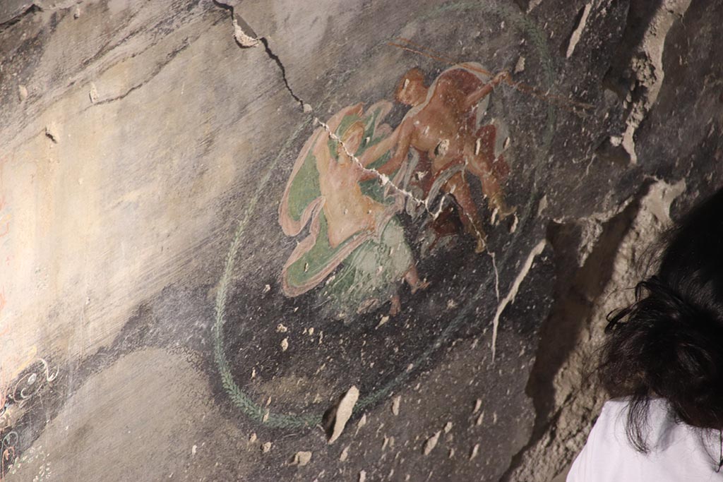IX.12.9 Pompeii. October 2024. Room “u”, east end of north wall, painted medallion with floating figures. Photo courtesy of Klaus Heese.