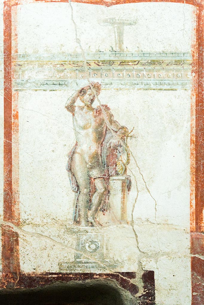 IX.12.A/IX.12.9 Pompeii. July 2024. 
Room 18, detail of Apollo from upper east wall. Photo courtesy of Johannes Eber.
