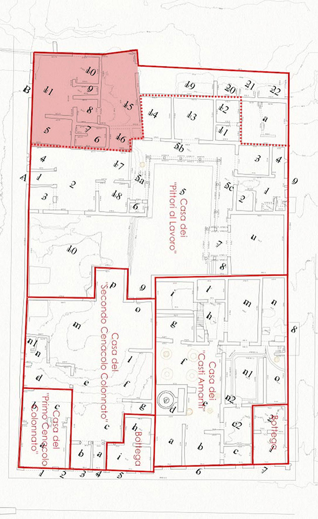 IX.12.9 Pompeii, included in the 2024 plan of IX.12 in PAP E-Journal 26, 24.10.2024, fig. 1.

Photo courtesy of Parco Archeologico di Pompei.

The area in red is temporarily known as IX.12.B Casa di Fedra or House of Phaedra (still under excavation) and is now no longer part of IX.12.9.

IX.12.A rooms 1 to 4, also still under excavation, are, for now, still included by us in IX.12.9.

The room numbers are those referred to on the pompeiiinpictures pages for IX.12.9. 

This plan is to help you accurately locate the rooms shown in the photographs of this house. 

Please be aware that the room numbers shown may differ from any other plans or records both published and unpublished. 