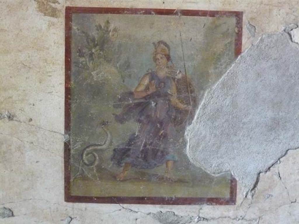 IX.13.1-3 Pompeii. May 2012. Room 17, remains of mythological wall painting from centre of west wall. Photo courtesy of Buzz Ferebee.

