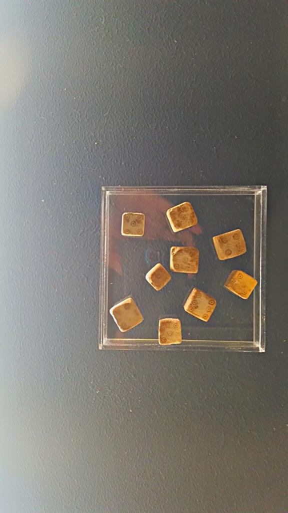 IX.13.1-3 Pompeii. December 2019. Detail of playing dice from exhibition.
Photographed at exhibition entitled “The furnishings of the House of Julius Polybius”. Photo courtesy of Giuseppe Ciaramella.