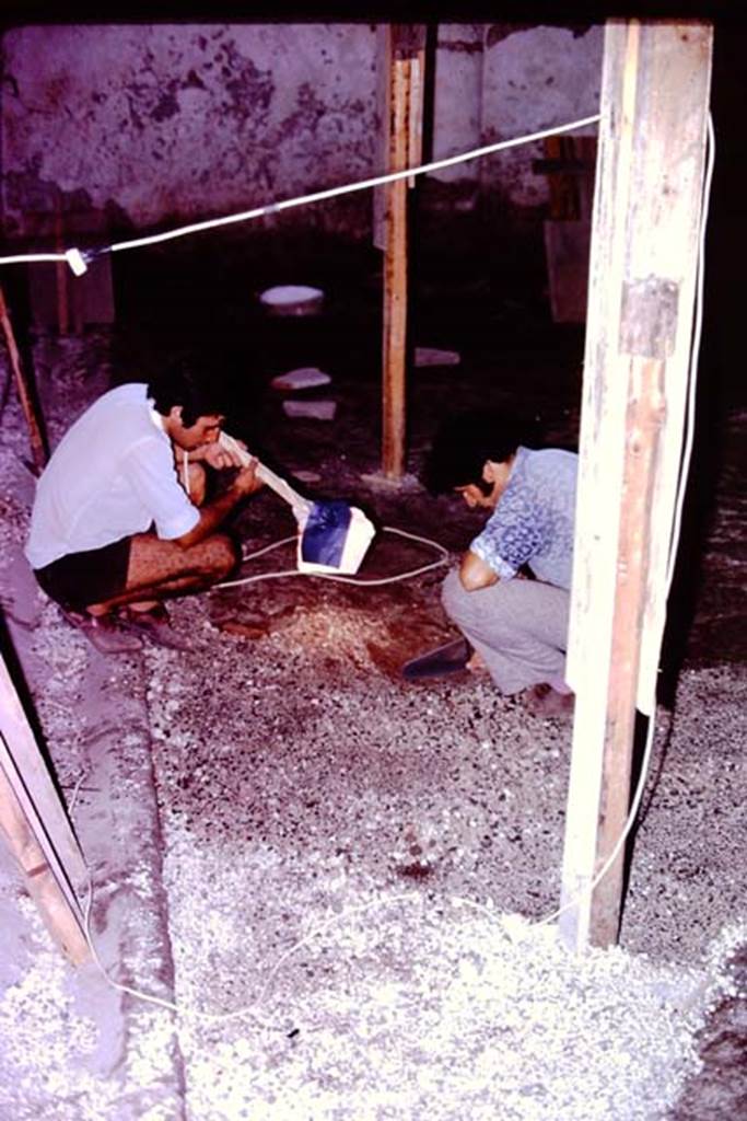 IX.13.1-3 Pompeii, 1973. Careful work in peristyle area. Photo by Stanley A. Jashemski.
Source: The Wilhelmina and Stanley A. Jashemski archive in the University of Maryland Library, Special Collections (See collection page) and made available under the Creative Commons Attribution-Non Commercial License v.4. See Licence and use details. J73f0495