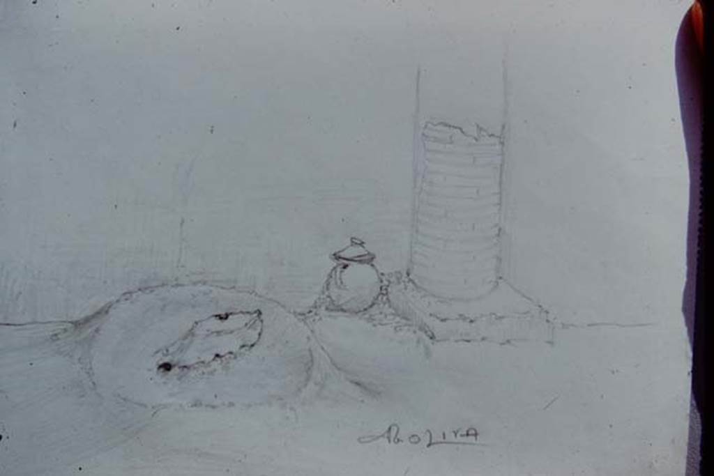 IX.13.1-3 Pompeii, 1973. Sketch by Dr. Oliva. Photo by Stanley A. Jashemski.
Source: The Wilhelmina and Stanley A. Jashemski archive in the University of Maryland Library, Special Collections (See collection page) and made available under the Creative Commons Attribution-Non Commercial License v.4. See Licence and use details. J73f0783