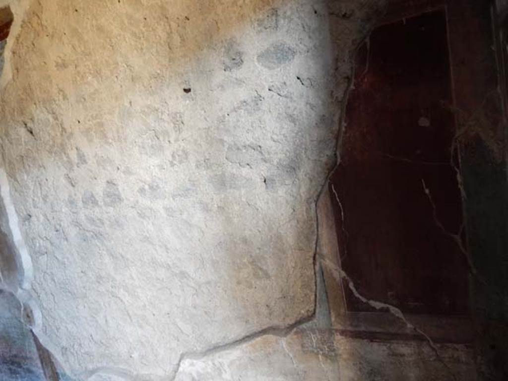 IX.14.4 Pompeii. May 2017. Room 5, detail of south end of west wall. Photo courtesy of Buzz Ferebee.