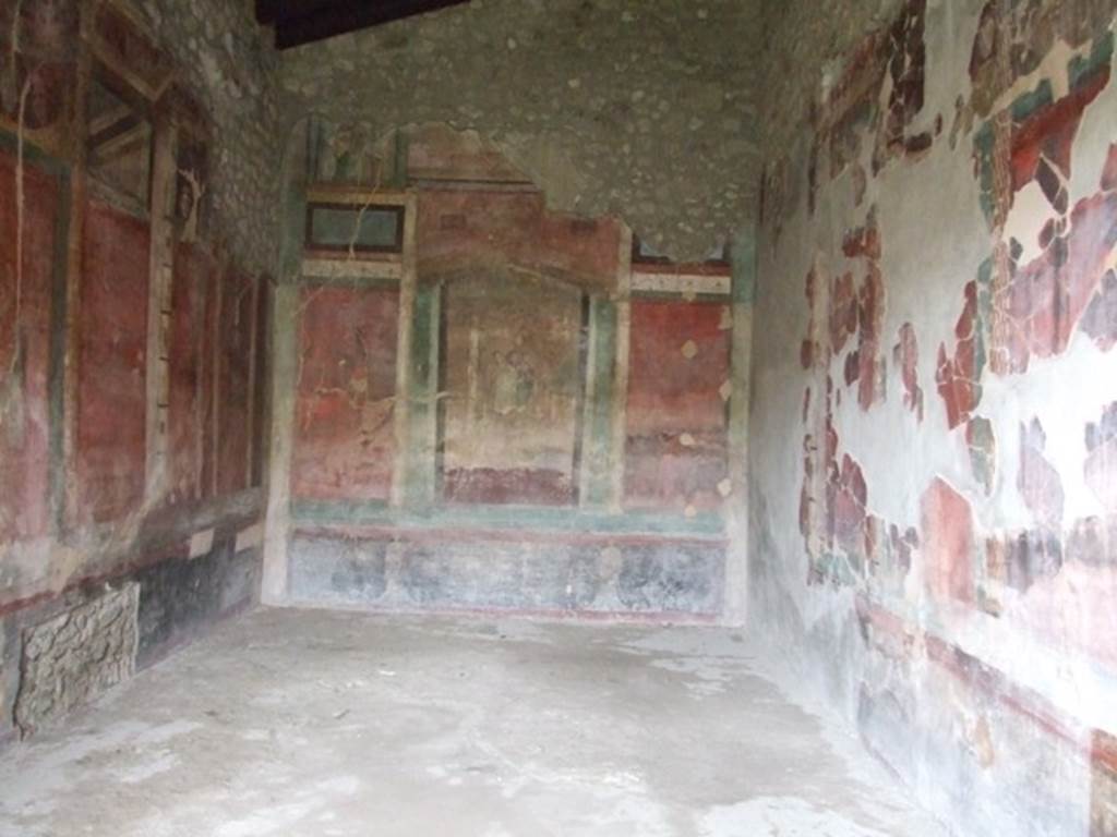 IX.14.4 Pompeii. December 2007. Room 3. Oecus in south west corner overlooking the west side of the peristyle. South wall. See Notizie degli Scavi, 1911, (p.332 for plan)