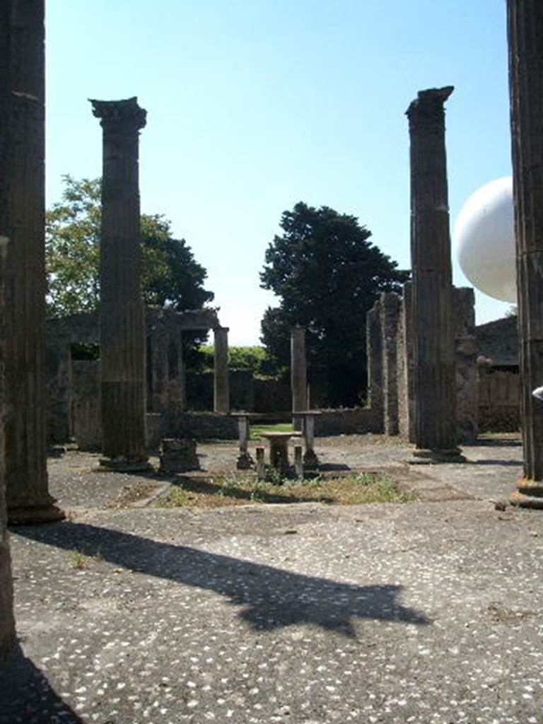 IX.14.4 Pompeii. May 2005. Tetrastyle atrium B, looking south. The flooring of the atrium continued from the fauces, and was made of small marble pieces scattered through the mortar. The walls of the atrium were also of rough plaster. According to Sogliano, this proved the house that was one of the most ancient in Pompeii, was being renovated and redecorated at the time of the disaster. Without doubt, the rough plaster was destined to be painted but there was no time to begin it. The four tall Corinthian columns were at all corners of the large impluvium. The columns were 7.20m tall ( taller than the ones in the House of the Silver Wedding, at 7.12m tall). These columns gave the impression of the height and grandness of how the atrium must have looked.