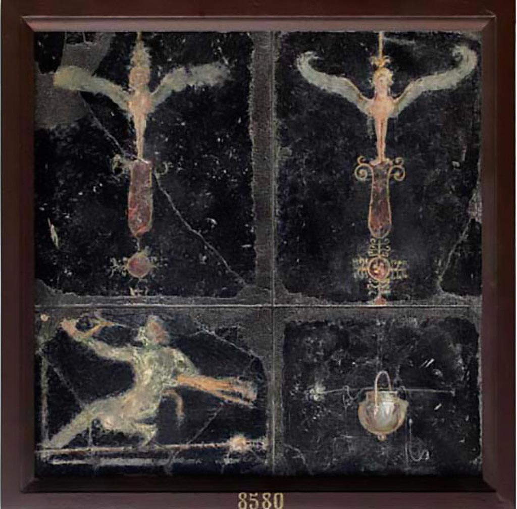 HGW06 Pompeii. Picture fragments depicting a satyr on a tightrope, two winged sphinxes and a hanging vase.
Now in Naples Archaeological Museum. Inventory number 8580.
See Ciardello R., La ricostruzione delle decorazioni dalla Villa di Cicerone a Pompei in AMOENITAS II, 2012, Roma, p. 143, fig. 11.
