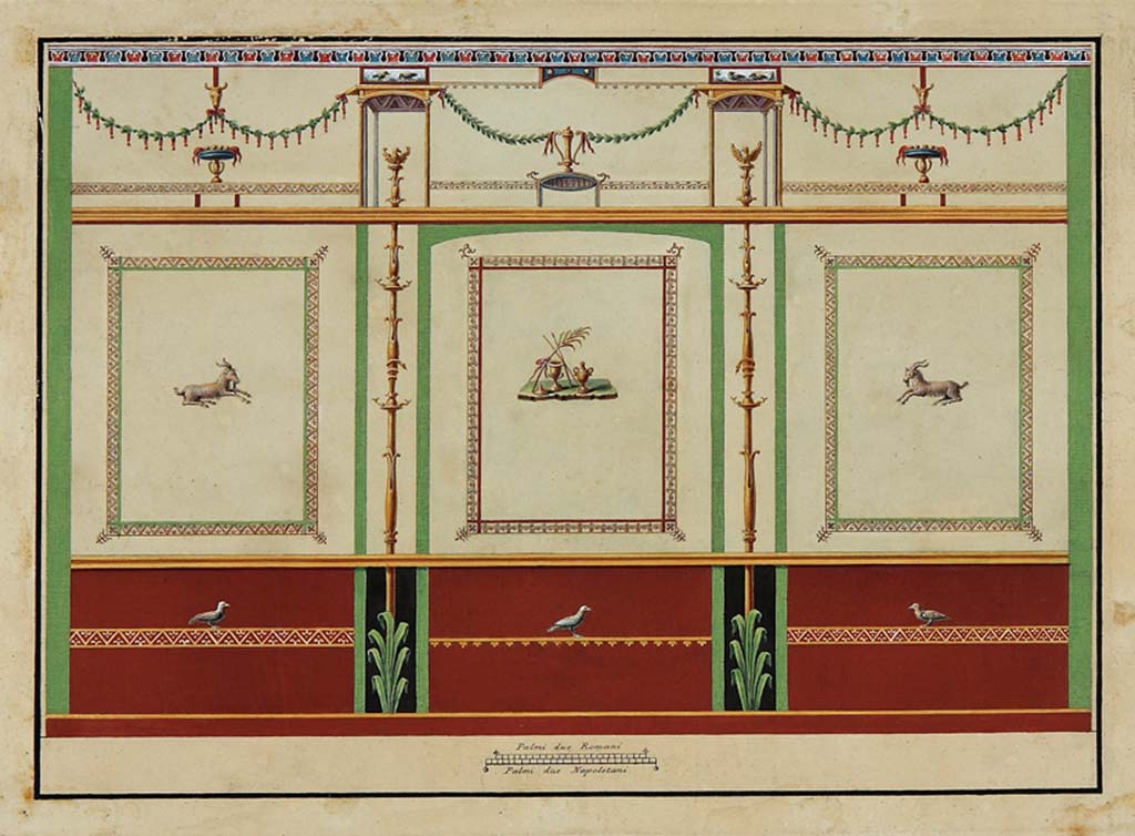HGW24 Pompeii. Wall in the same room, west or east (long) wall of apodyterium or changing room (or frigidarium) in baths complex,
Designed by Vincenzo Campana, with some differences to the above by Lo Manto, Chiantarelli, etc. ADS 1151.
(Villa Diomedes Project – area 9).
(Fontaine, room 3,2 in baths’ area).
Photo © ICCD. https://www.catalogo.beniculturali.it
Utilizzabili alle condizioni della licenza Attribuzione - Non commerciale - Condividi allo stesso modo 2.5 Italia (CC BY-NC-SA 2.5 IT)
