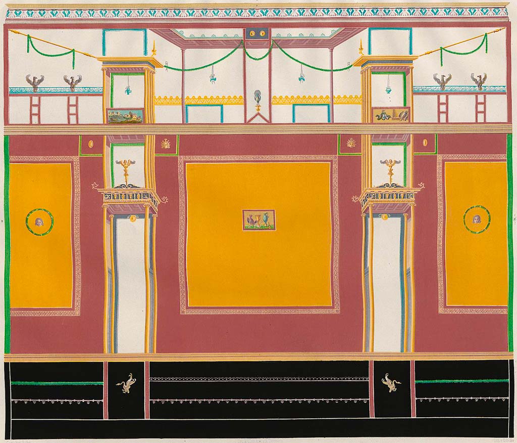 HGW24 Pompeii. Pre-December 1858. Drawing by Zahn of long (west) wall of tepidarium. 
(Villa Diomedes Project – area 10).
Fontaine Tepidarium 3,3. 
According to Fontaine, this lithography of W. Zahn has false colouring of the wall decoration, which is contrary to what is still visible today.
See Zahn, W., 1852. Die schönsten Ornamente und merkwürdigsten Gemälde aus Pompeji, Herkulanum und Stabiae: III. Berlin: Reimer, Taf. 87.
