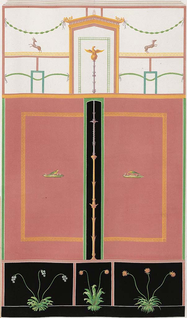 HGW24 Pompeii. Pre-September 1859. 
Painting by Zahn of a side wall of a lower room situated at the side of the garden
See Zahn, W., 1852-59. Die schönsten Ornamente und merkwürdigsten Gemälde aus Pompeji, Herkulanum und Stabiae: III. Berlin: Reimer, taf. 99.
(Villa Diomedes Project – area 56?). 
[Fontaine room 5.8?]

