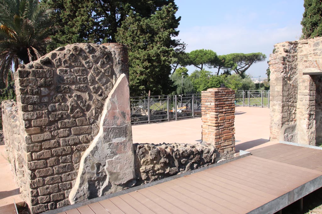 HGW24 Pompeii. Villa of Diomedes. October 2023. 
Looking west onto terrace at north end near doorway to room (diaeta or garden room) on right. Photo courtesy of Klaus Heese.
