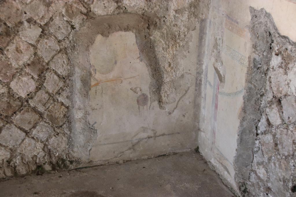 Villa San Marco, Stabiae, October 2022. Room 12, detail from south side, between two windows. Photo courtesy of Klaus Heese.