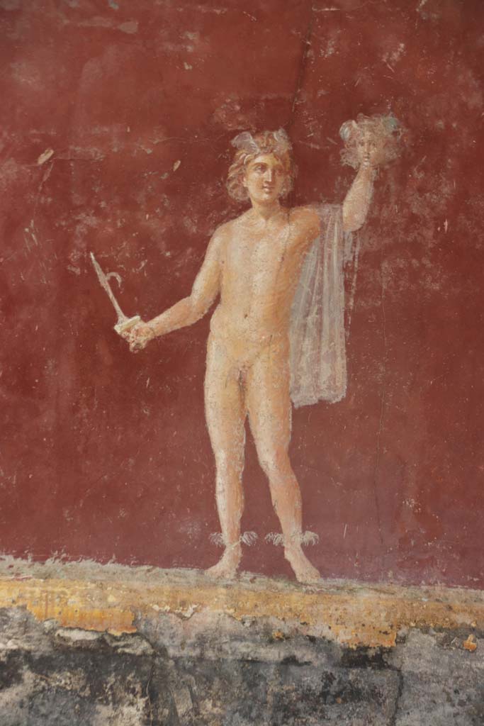 Villa San Marco, Stabiae, September 2019. Room 30, south-east corner.
Painted figure of Perseus lifting the head of Medusa. Photo courtesy of Klaus Heese.