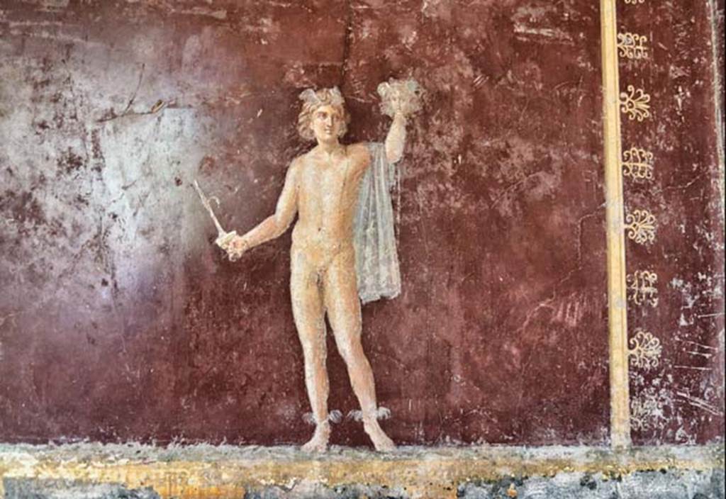 Villa San Marco, Stabiae, April 2018.
Room 30, south-east corner. Painted figure of Perseus lifting the head of Medusa. Photo courtesy of Ian Lycett-King. Use is subject to Creative Commons Attribution-NonCommercial License v.4 International.