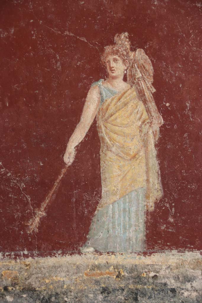 Villa San Marco, Stabiae, September 2019. Room 30, south-east corner.
Painting of Iphigenia with a palladium on her shoulder and torch in her hand. Photo courtesy of Klaus Heese.