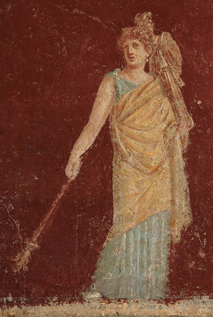 Castellammare di Stabia, Villa San Marco, December 2006. Room 30, south-east corner. Painting of Iphigenia with a palladium on her shoulder and torch in her hand.