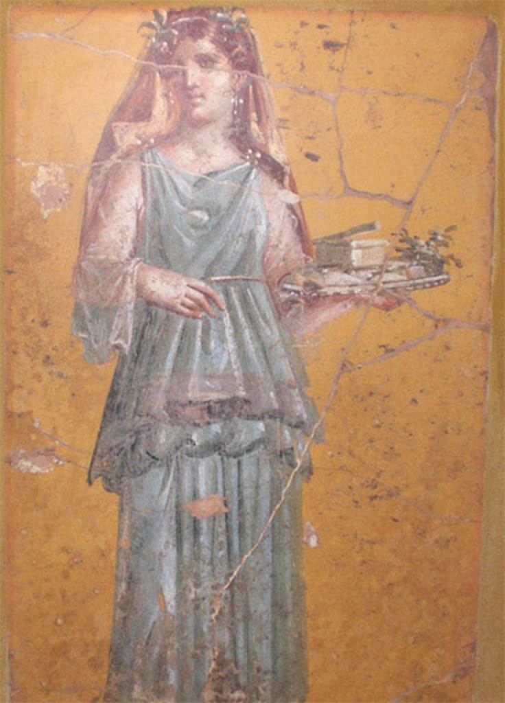 Villa San Marco, Stabiae, July 2010.
Room 50, painted figure from west wall.
Now in Naples Archaeological Museum. Inventory number 8890.
