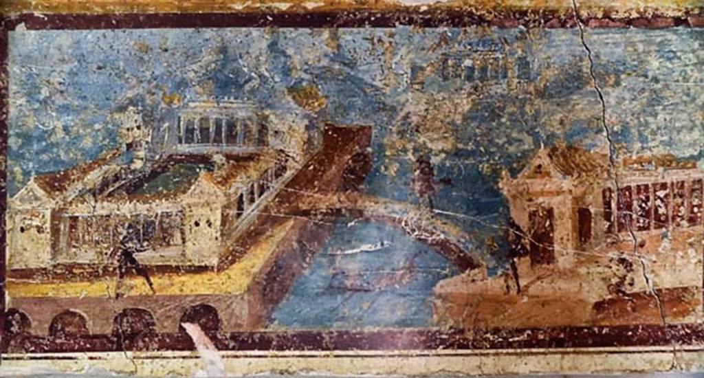 Villa San Marco, Stabiae, April 2018. Room 50, south-east corner, reproduction fresco of a seaside villa. Now in Stabia Antiquarium.
Photo courtesy of Ian Lycett-King. Use is subject to Creative Commons Attribution-NonCommercial License v.4 International.