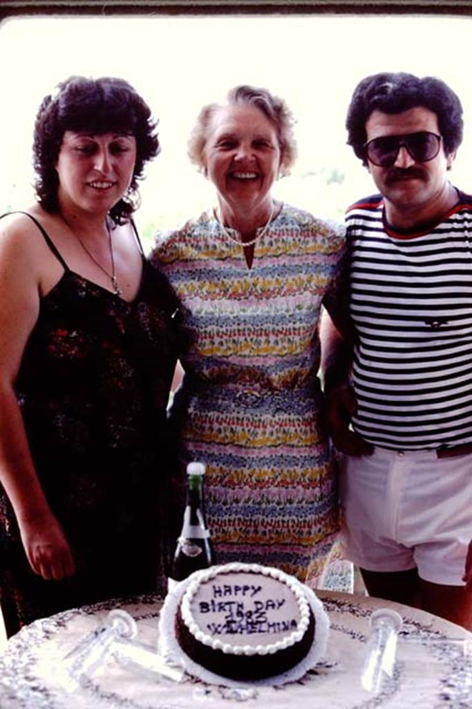 Villa Regina, Boscoreale. 1983. Wilhelmina�s birthday cake.  
Source: The Wilhelmina and Stanley A. Jashemski archive in the University of Maryland Library, Special Collections (See collection page) and made available under the Creative Commons Attribution-Non Commercial License v.4. See Licence and use details. J80f0565
