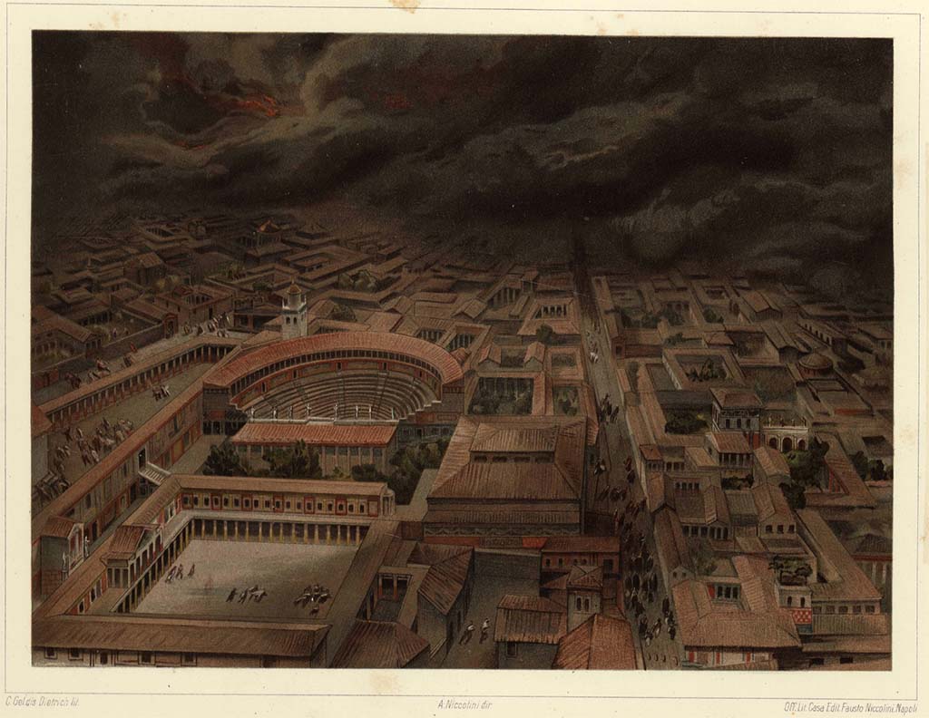 Via Stabiana, Pompeii, centre right. 
Restoration painting by Niccolini, looking north between VIII.7, on left, and I.2, on right, at the time of the eruption. 
See Niccolini F, 1896. Le case ed i monumenti di Pompei: Volume Quarto. Napoli, 2, Saggi di restauro, tav. XXI (21).
