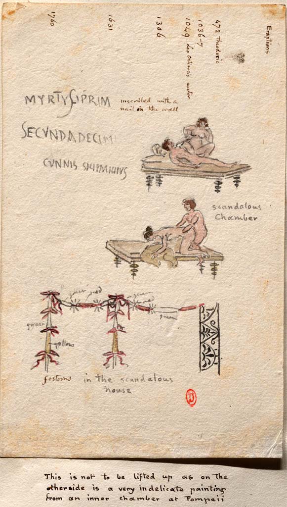 Via del Foro or nearby? Between 1819 and 1832, sketches by William Gell.
(Note -These may or may not be from here.)
Graffiti inscribed with a nail on the wall, and drawings from the walls of the �scandalous chamber�.
See Gell, W. Pompeii unpublished [Dessins de l'�dition de 1832 donnant le r�sultat des fouilles post 1819 (?)] vol II, pl. 74 verso.
Biblioth�que de l'Institut National d'Histoire de l'Art, collections Jacques Doucet, Identifiant num�rique Num MS180 (2).
See book in INHA Use Etalab Licence Ouverte
