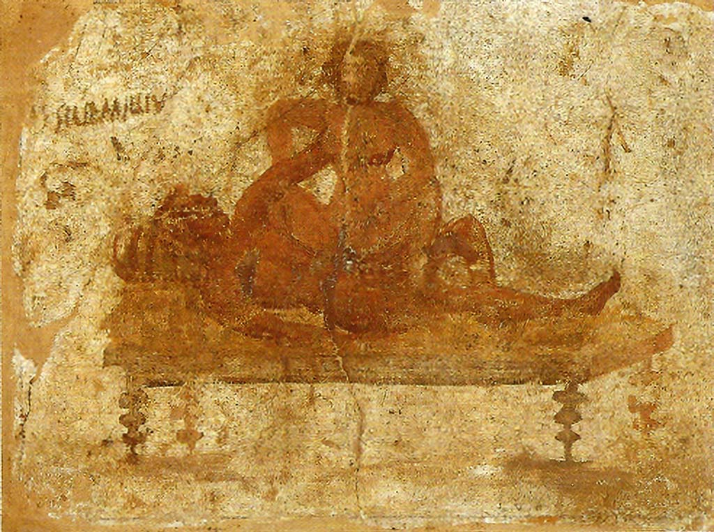 Via del Foro or nearby? Erotic scene with inscription "ad ... sic Amilliu (s)" [CIL IV 2510]
Graffiti inscribed with a nail on the wall, and drawings from the walls of the �scandalous chamber�.
Now in Naples Archaeological Museum. Inventory number 25689.
According to BDI, 1841, -
�At another point of the same Strada della Fortuna and precisely facing the grand Casa di Pansa, some new houses have been returned to the light that stretch out towards the Vicolo delle Terme and which were already unearthed from 1757 to 1761, and then recovered again, like the Casa called �of Cicero� and the Casa dell�Imperadore Giuseppe II. Nothing significant has been found in these houses, but from the Vicolo delle Terme one entered into a new lupanare, adjacent to them. On the wall facing to where one entered into the first room, formed like a shop, a naked Venus was painted, almost to tempt the competition, and various obscene compositions, now for the most part faded and shabby, which decorated the side walls of the large room, and the small neighbouring ones���..�  
See Bullettino dell�Instituto di Corrispondenza Archeologica (DAIR), 1841, (p. 118).
(Also entered in VII.6.14.)
