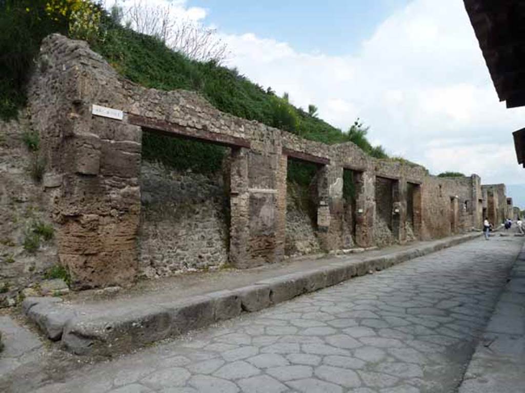 Via dell’Abbondanza, north side. May 2010. Looking east from near unnamed vicolo towards III.1. 