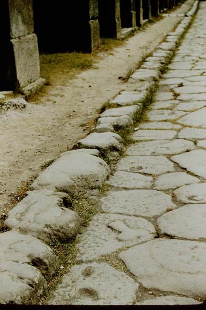 Via dell’Abbondanza, Pompeii. 1957. Looking east along north side, with carved phallus symbol in the lava blocks in the roadway. Photo by Stanley A. Jashemski.
Source: The Wilhelmina and Stanley A. Jashemski archive in the University of Maryland Library, Special Collections (See collection page) and made available under the Creative Commons Attribution-Non Commercial License v.4. See Licence and use details.
J57f0153
