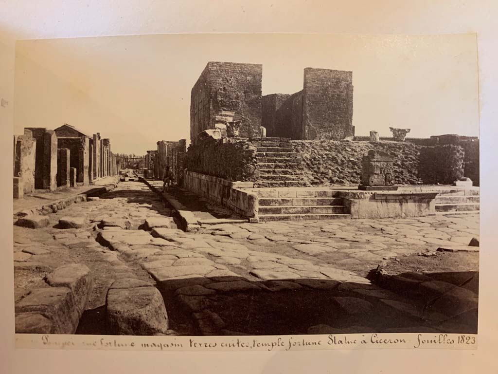 Via della Fortuna, Pompeii.
From an album of Michele Amodio dated 1874, entitled �Pompei, destroyed on 23 November 79, discovered in 1745�. 
Looking east along VI.10, towards VI.12, on left. Temple of Fortuna Augusta and Via del Foro, on right. Photo courtesy of Rick Bauer.

