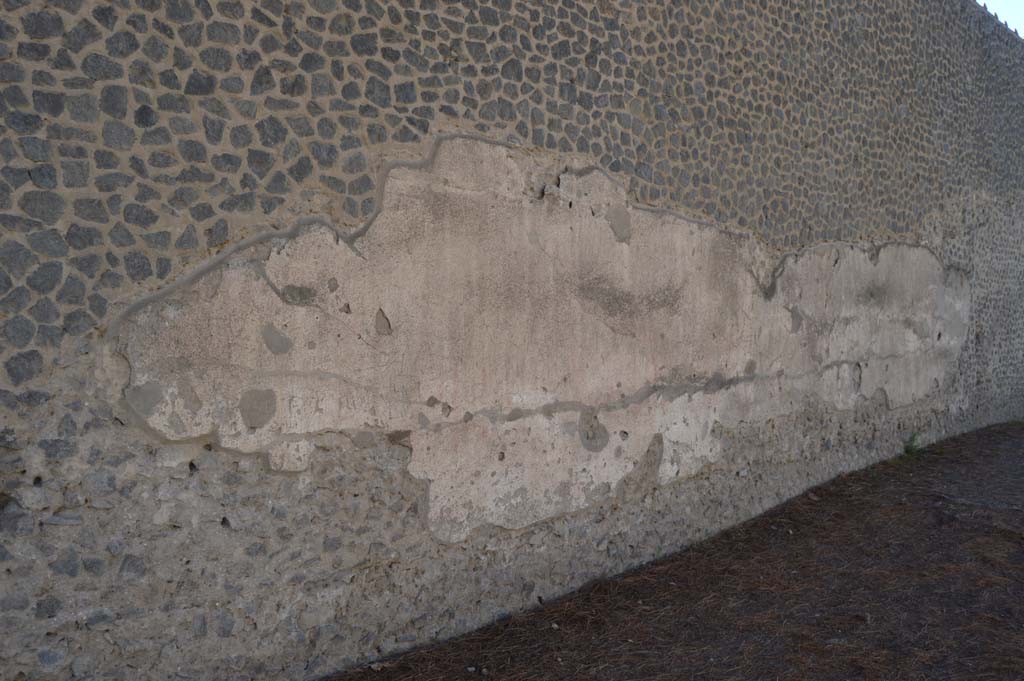 Via di Castricio, south side, Pompeii. October 2017. Remains of plaster and graffiti on west end of outer north wall of the Palestra.
Foto Taylor Lauritsen, ERC Grant 681269 D�COR.

