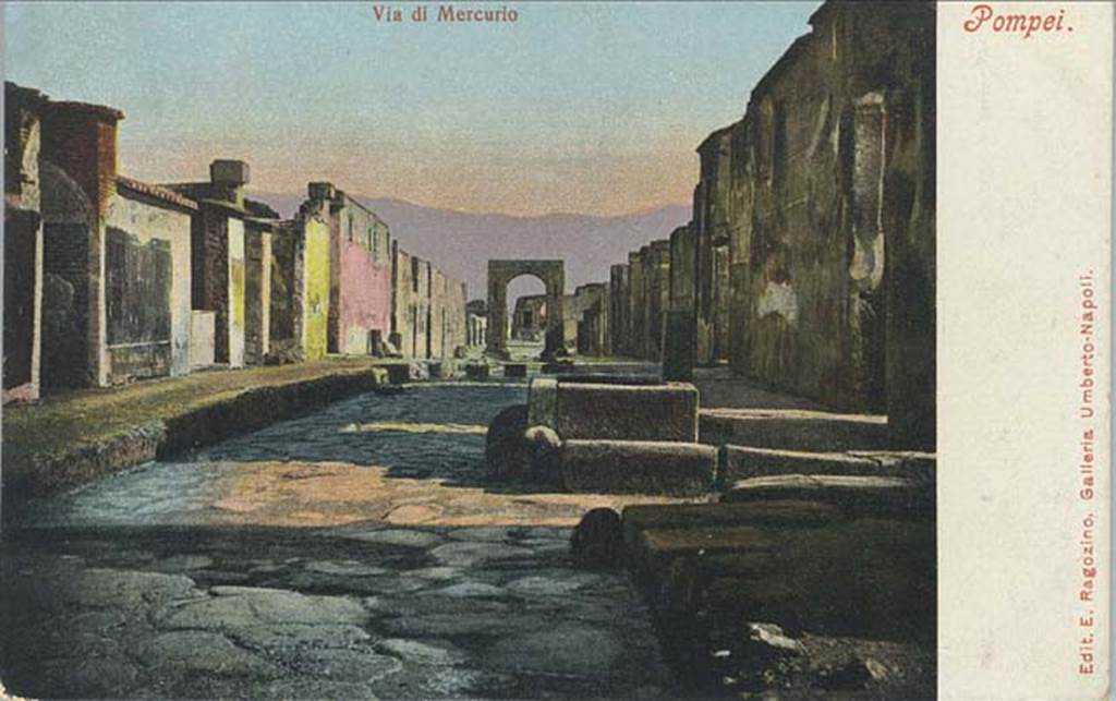 Via di Mercurio, Old postcard by E. Ragozino, no. 2884. Looking south from junction with Vicolo di Mercurio, from near fountain at VI.8.24. Photo courtesy of Rick Bauer.
