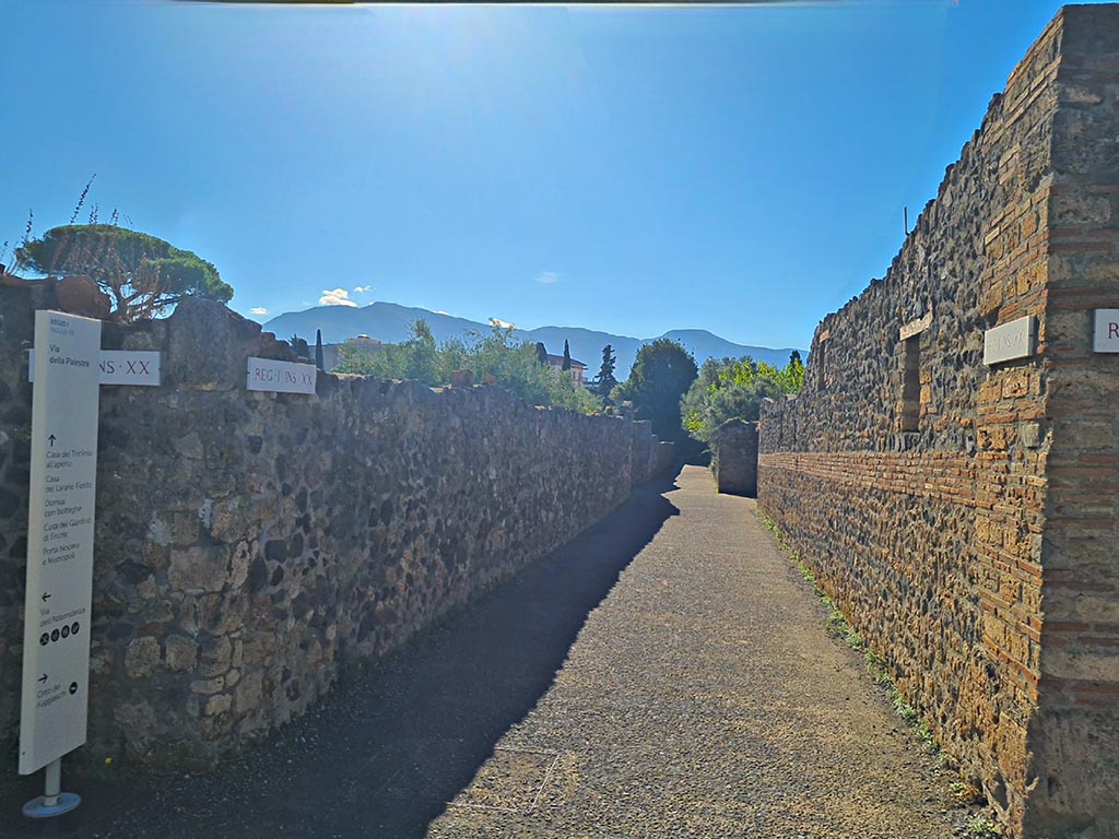 Vicolo dei Fuggiaschi, Pompeii.  October 2024. 
Looking south from junction with Via della Palestra, between I.20 and I.21. Photo courtesy of Giuseppe Ciaramella.
