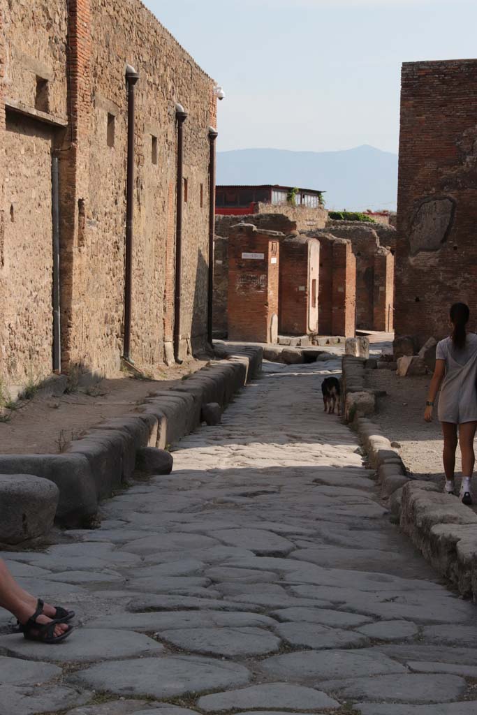 Vicolo dei Soprastanti, September 2021. 
Looking east between VII.5 and VII.8, towards junction with Via del Foro. Photo courtesy of Klaus Heese.
