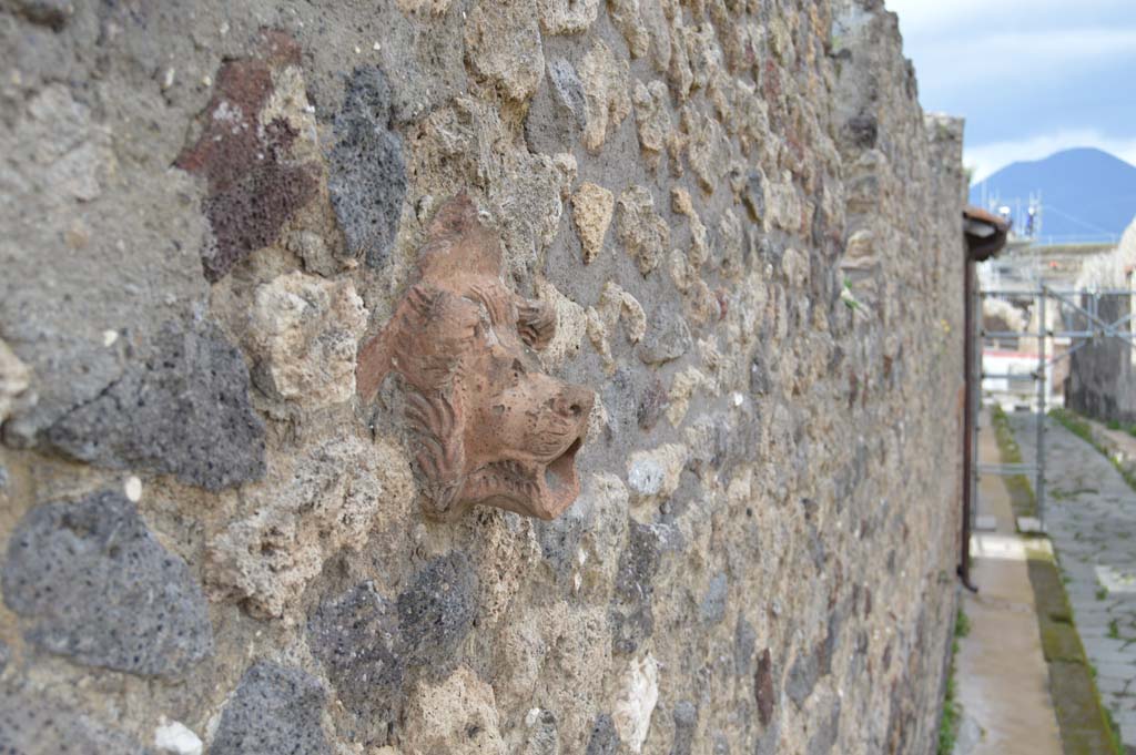 Vicolo del Centenario, Pompeii. March 2018. Looking north along upper level with detail of terracotta lion.
Foto Taylor Lauritsen, ERC Grant 681269 DÉCOR.
