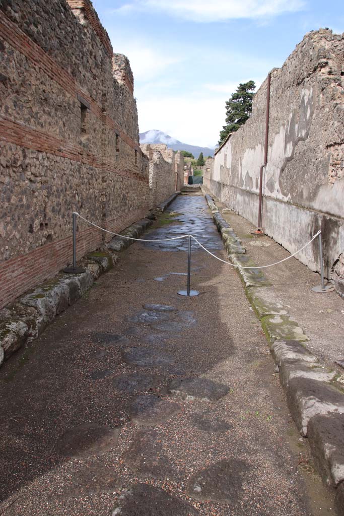 Vicolo del Fauno between VI.10 and VI.12. October 2020. Looking north from near junction with Via della Fortuna. 
Photo courtesy of Klaus Heese.
