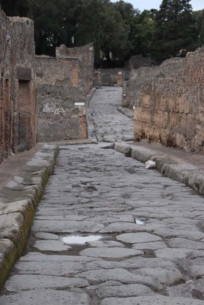 Vicolo del Menandro, Pompeii. October 2020. 
Looking west to junction with Via Stabiana, from between I.3 and I.4. 
On the other side of the junction is the Via del Tempio d�Iside.  Photo courtesy of Klaus Heese.
