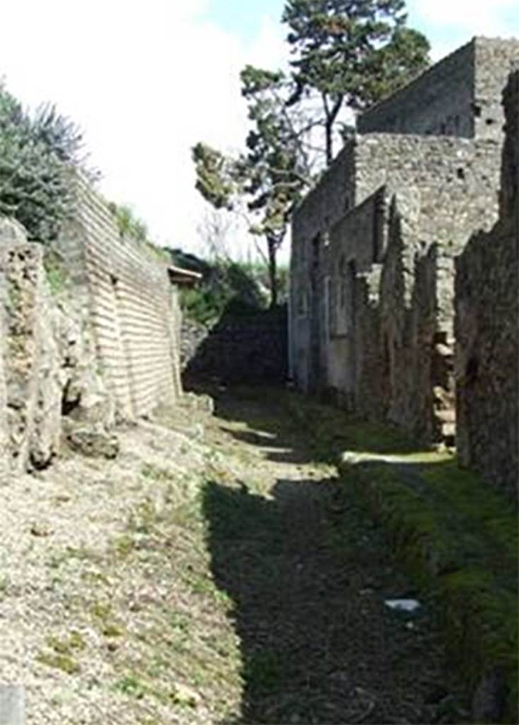 Vicolo delle Nozze d’Argento. March 2009. Looking east to blocked end of vicolo and V.2.i.  
In 2018 the blocked end of the vicolo was excavated and joined with the newly excavated Vicolo c.d. Balconi.
