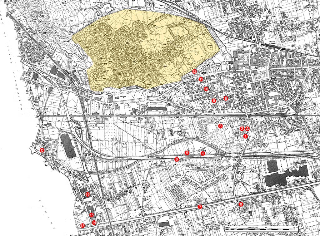 Località Case Bottaro, Tempio di Nettuno. Map with location of temple = C.
Photo courtesy of Ruth Bielfeldt.
See Bielfeldt R., Der Liber-Tempel in Pompeji in Sant’Abbondio. Oskisches Vorstadtheiligtum und kaiserzeitliches Kultlokal, dans MDAI-Römische Abteilung, 113, 2007, p. 365, Abb. 24.
