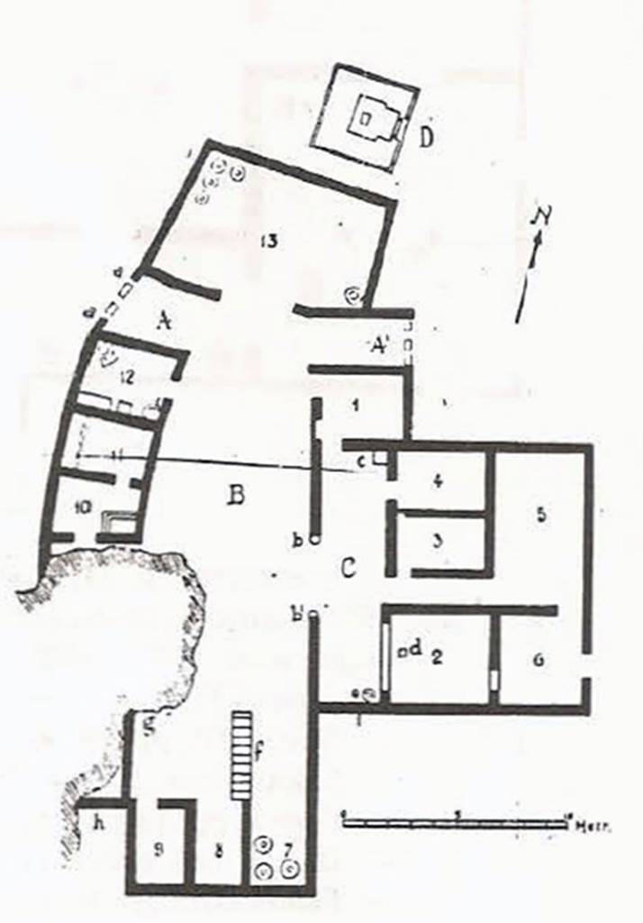 Monumento Funerario del Fondo Prisco. Plan of villa and tomb.
The Villa rustica was found on the fondo of Antonio Prisco, at the Civita-Giuliana, Boscoreale (today Pompeii).
It was excavated by cav. Carlo Rossi-Filangieri from February to July 1903. 
The building followed an already existing public roadway on the western front side.
On the roadway was an adjoining burial monument �D�.
The front fa�ade was decorated with two portrait busts and a marble slab, on which however the funeral title had not yet been incised.
See Della Corte M., Notizie degli Scavi di Antichit�, 1921, p. 416.