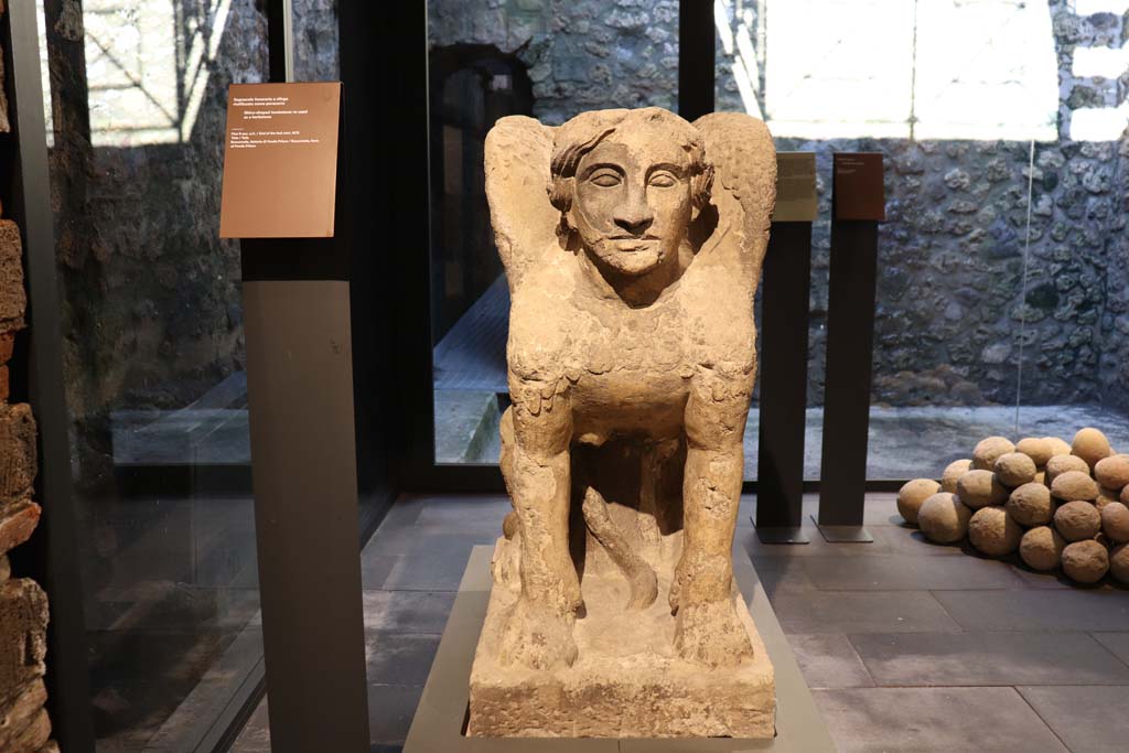 From Farm of Fondo Prisco, Boscoreale. February 2021. 
Tufa Sphynx-shaped tombstone re-used as a kerbstone, on display in Pompeii Antiquarium.
Photo courtesy of Fabien Bi�vre-Perrin (CC BY-NC-SA).
